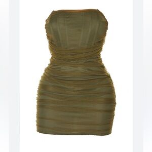 PrettyLittleThing Olive Mesh Corset Mini Ruched Dress Semi Formal Night Out Sz12